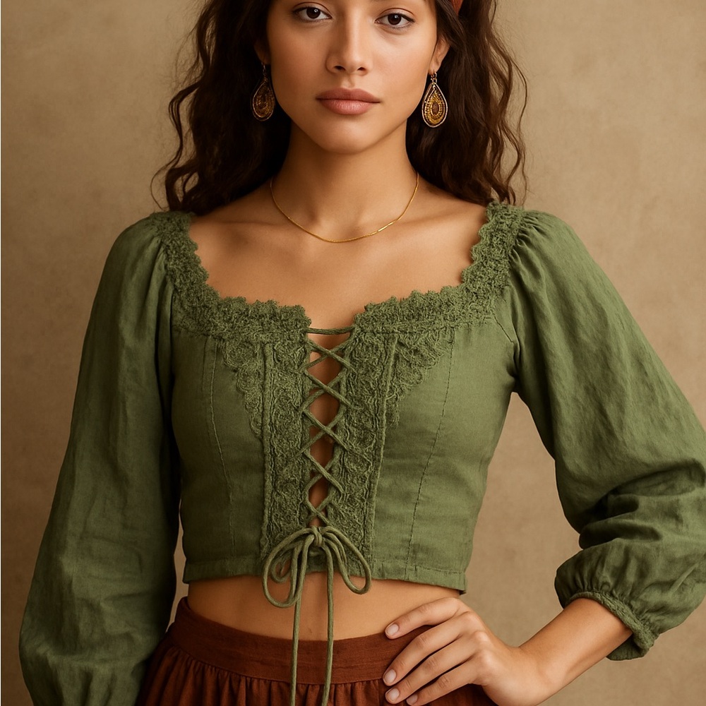 Elegant Lace-Up Olive Green Blouse
